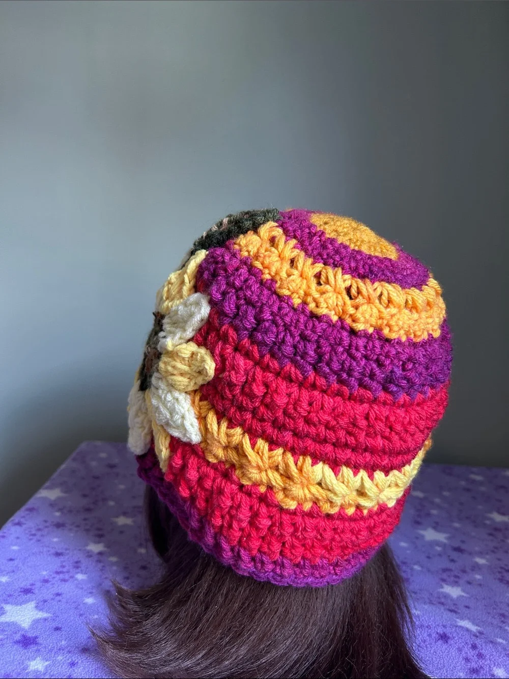 Hand-Crocheted Multicolor Sunflower Beanie - Yellow Accent medium